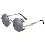 Retro Round Polarized Sunglasses For Men Women, UV400 Protection Mirrored Lens Full Frame Vintage Unisex Sunglasses, Silvery, Without Battery