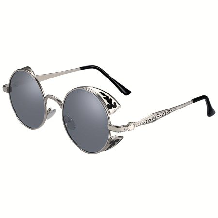 Retro Round Polarized Sunglasses For Men Women, UV400 Protection Mirrored Lens Full Frame Vintage Unisex Sunglasses, Silvery, Without Battery
